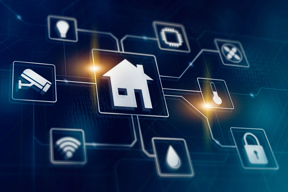 Schéma de maison connectée illustrant les différentes fonctionnalités de la domotique, telles que la sécurité, l'éclairage et la gestion de l'énergie.